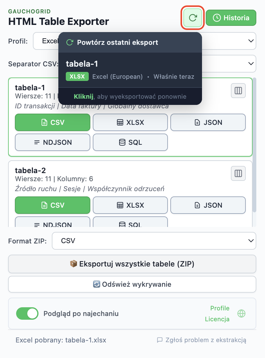 Historia eksportów pokazująca ostatnie eksporty z przyciskiem Eksportuj ponownie