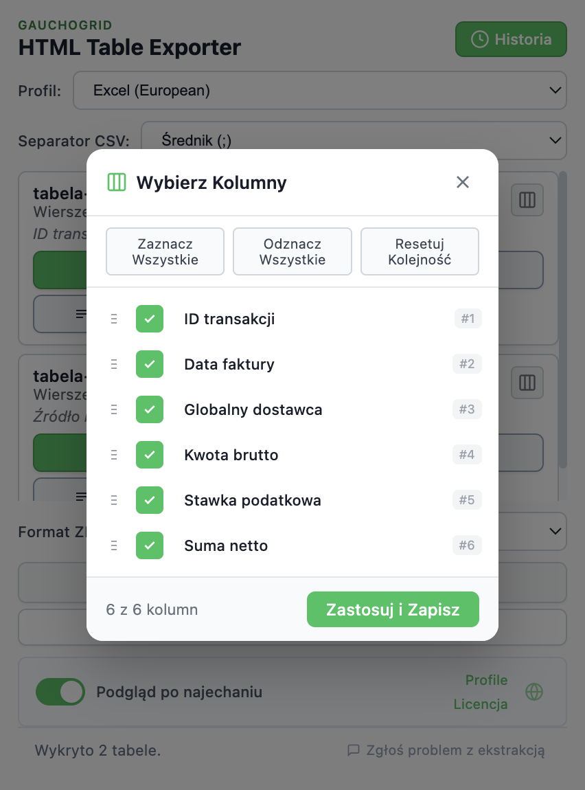 Interfejs selektora kolumn z polami wyboru i kontrolkami do przeciągania i zmiany kolejności kolumn