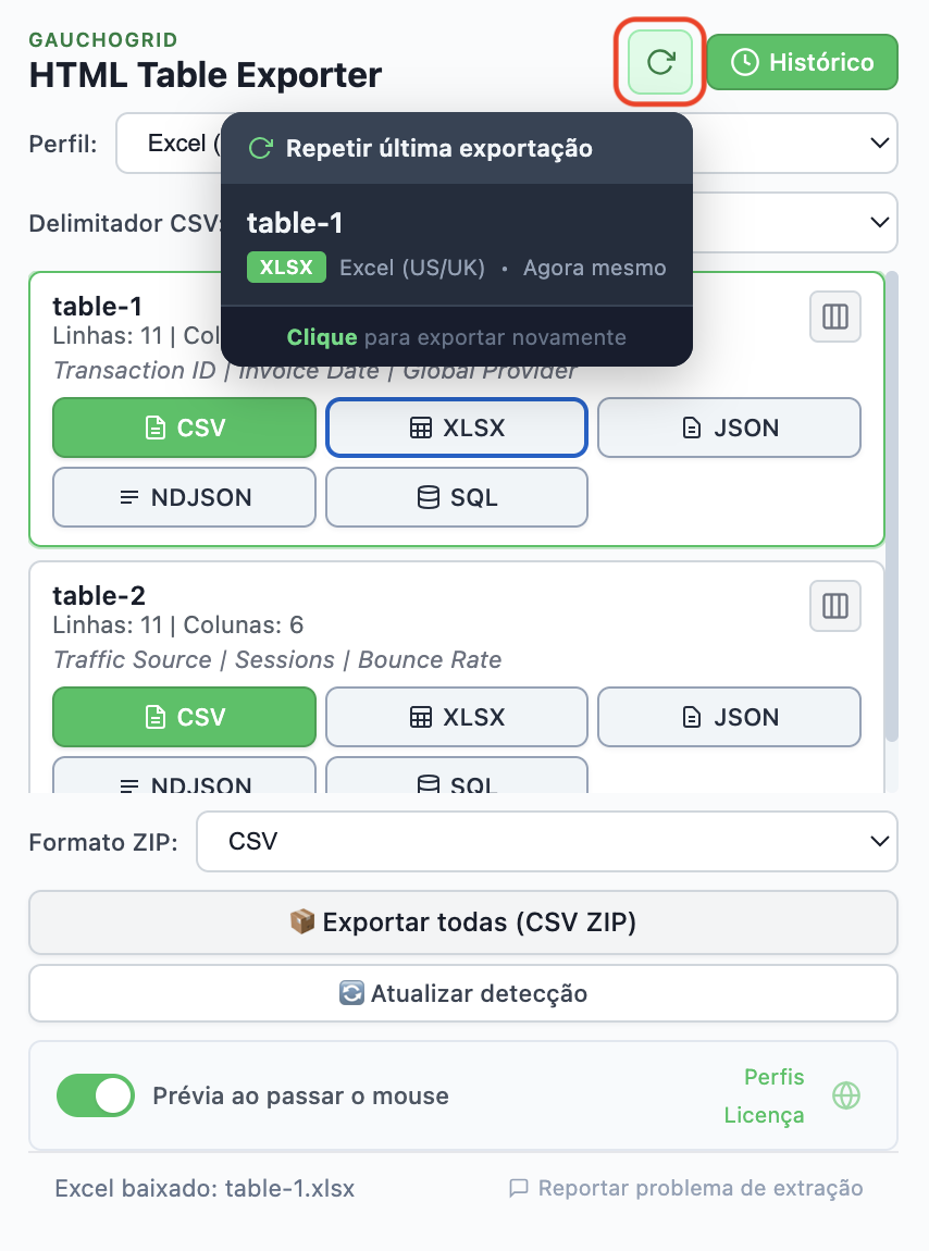Histórico de exportações mostrando exportaciones recientes con botón Exportar de nuevo