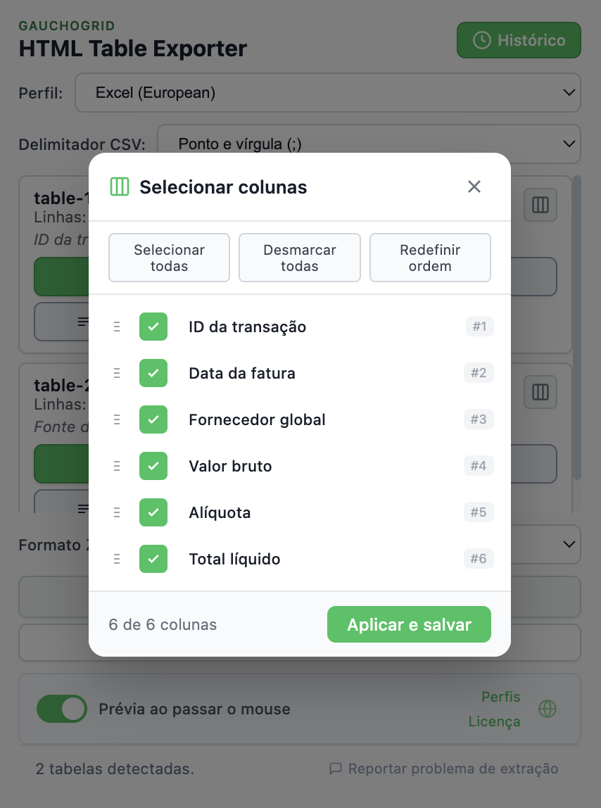 Interface do seletor de colunas com checkboxes e controles para arrastar e reordenar colunas