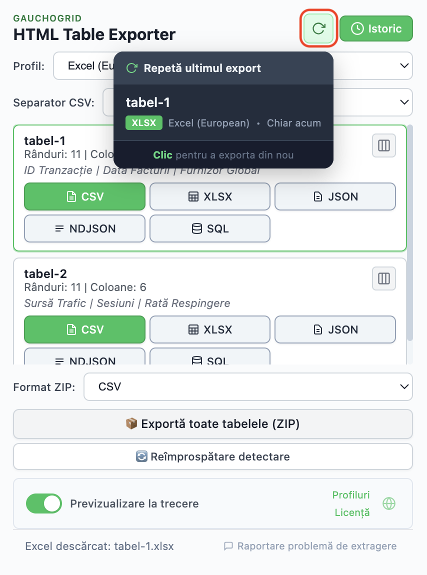 Istoric exporturi arătând exporturile recente cu butonul Exportă din nou