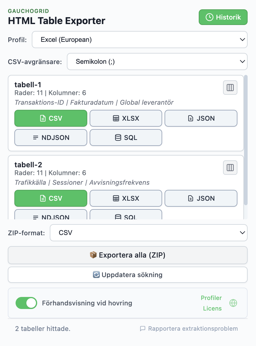 Förhandsvisning av HTML Table Exporter-tillägg