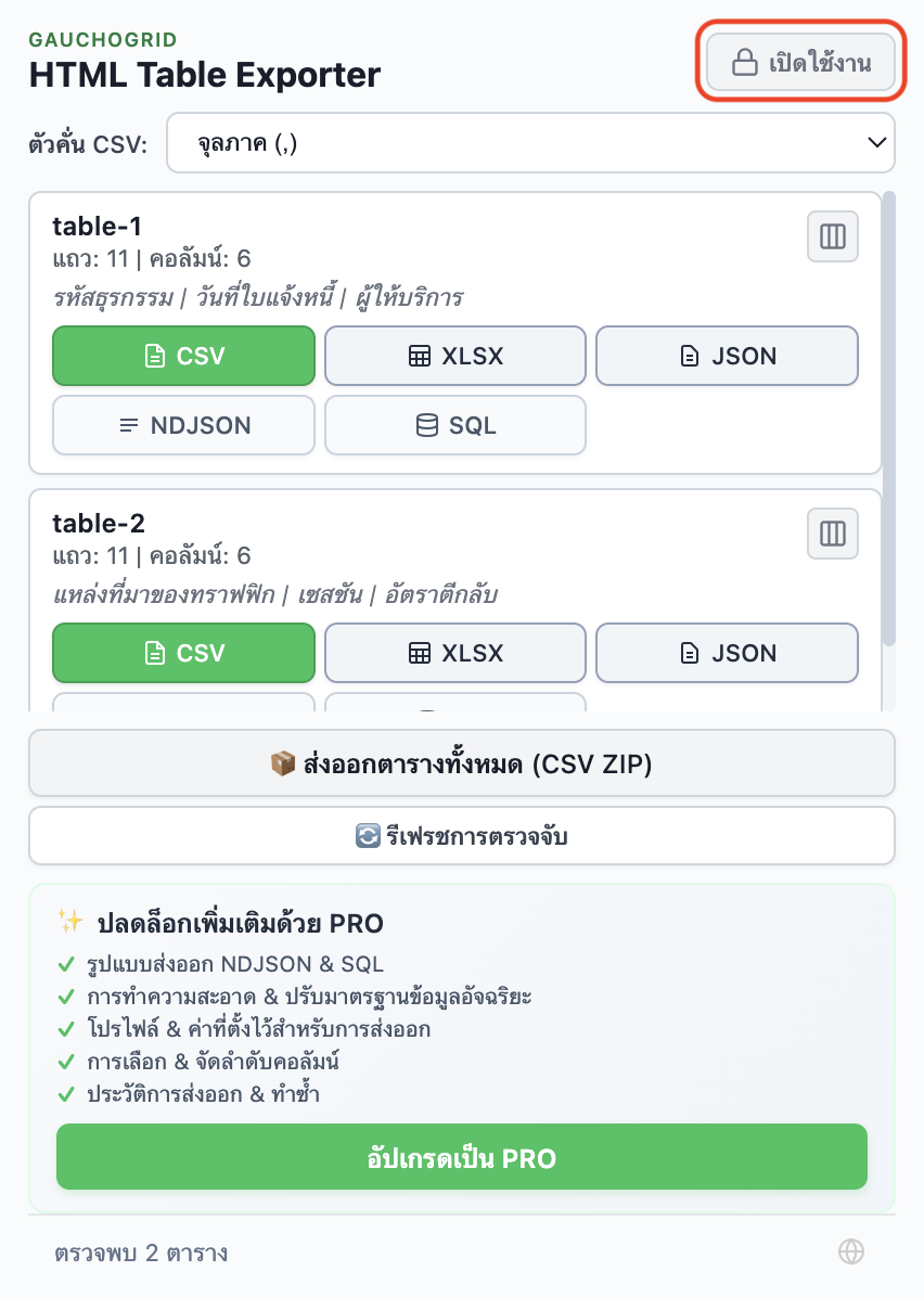 เวอร์ชันฟรีของ HTML Table Exporter แสดงปุ่มเปิดใช้งานและรายการฟีเจอร์ PRO