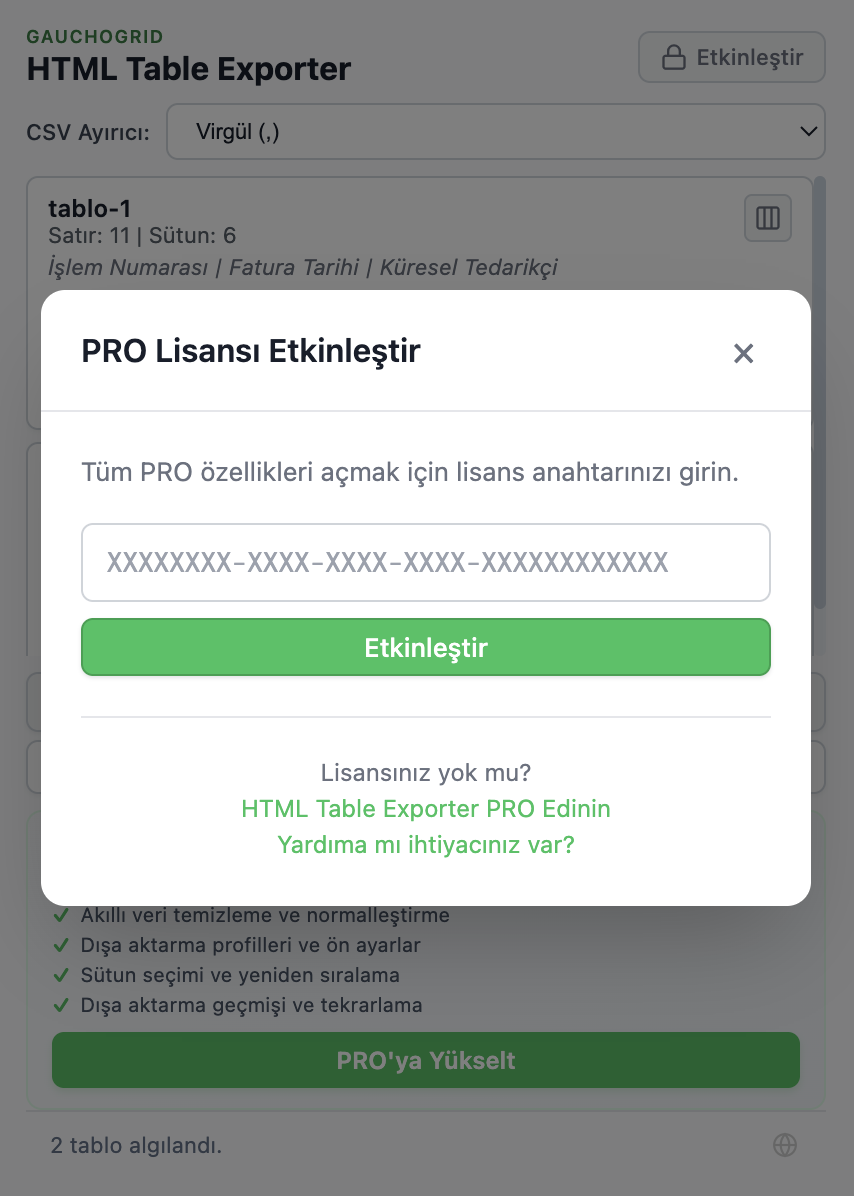 Lisans anahtarı giriş alanı içeren lisans aktivasyon modalı