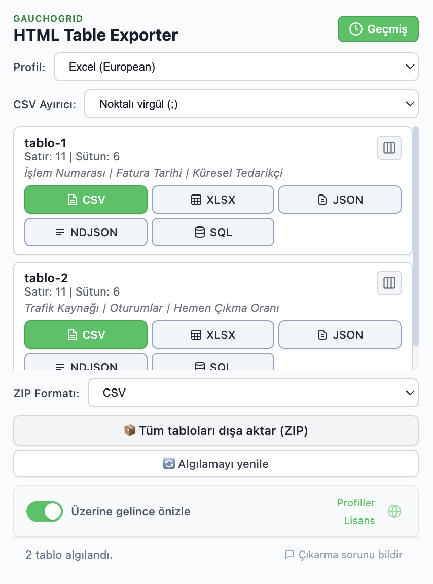 HTML Table Exporter uzantısı önizlemesi