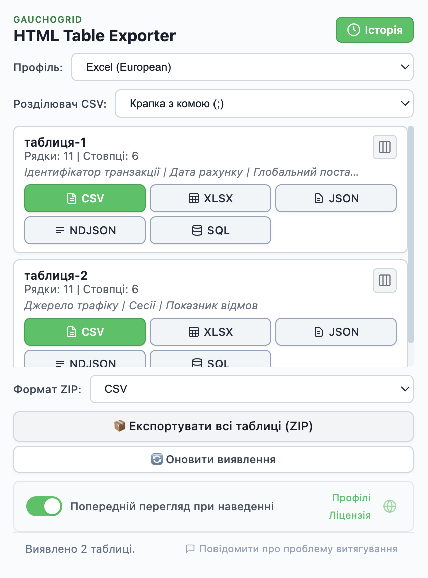 Попередній перегляд розширення HTML Table Exporter