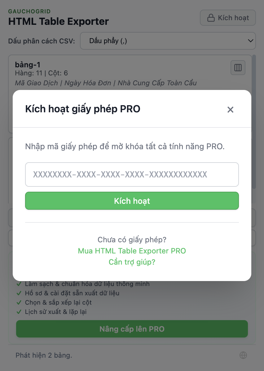 Modal kích hoạt giấy phép với trường để nhập khóa giấy phép