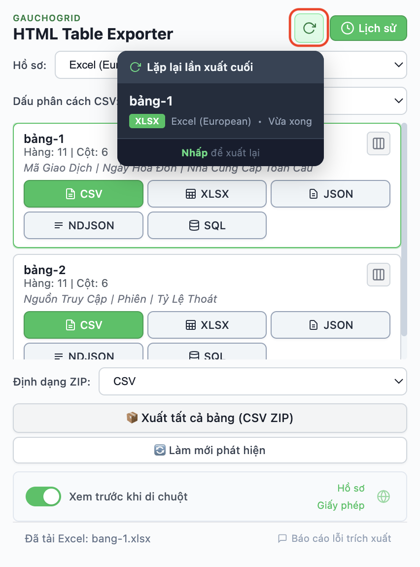 Lịch sử xuất hiển thị các lần xuất gần đây với nút Xuất lại