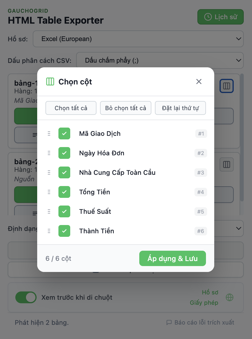 Giao diện bộ chọn cột với hộp kiểm và điều khiển kéo để sắp xếp lại cột