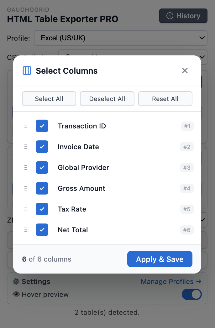 Column selector interface with drag and drop reordering