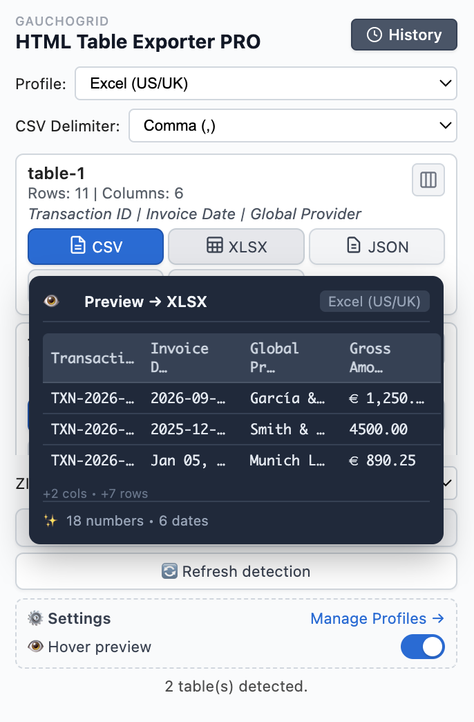 Hover preview showing data transformation before export
